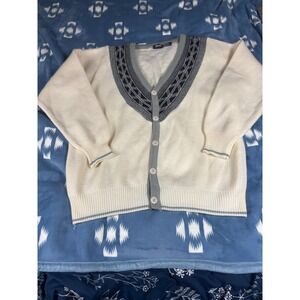 Vintage Impact Mens Cream Grey Geometric V-Neck Button Cardigan Sweater Large